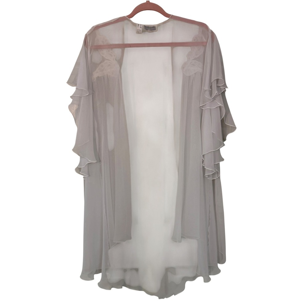 Vintage Enticements Sheer White Chiffon Robe Lace Pearl Ruffle Sleeve Peignoir M - Picture 14 of 16